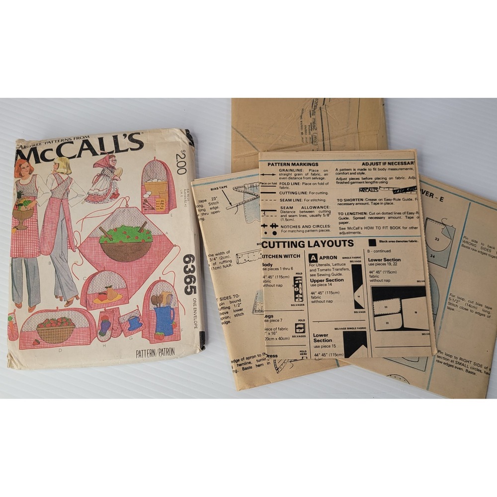 McCall's Sewing Pattern 6365 Vintage Kitchen Accessories‎ Apron 1978 Uncut